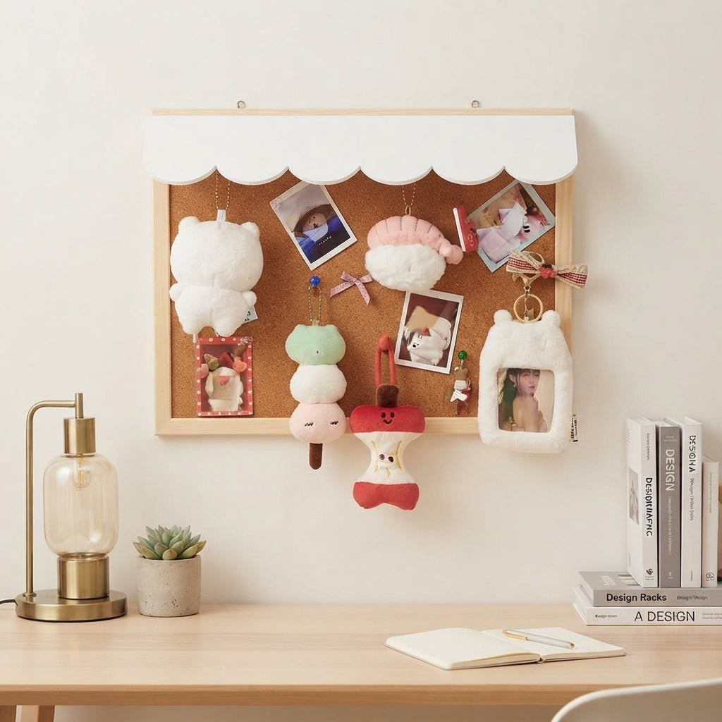 A decorative cork bulletin board with a white scalloped top frame hangs on a light wall above a wooden desk. The board is styled with plush toys, small photos, and hanging accessories.
