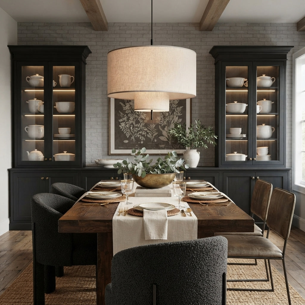 A styled dining room interior featuring a dark wood dining table set with white table linens and glassware, surrounded by dark upholstered chairs. The room has a large beige drum pendant light, dark cabinetry with lit glass display cabinets, and a gray brick wall background.