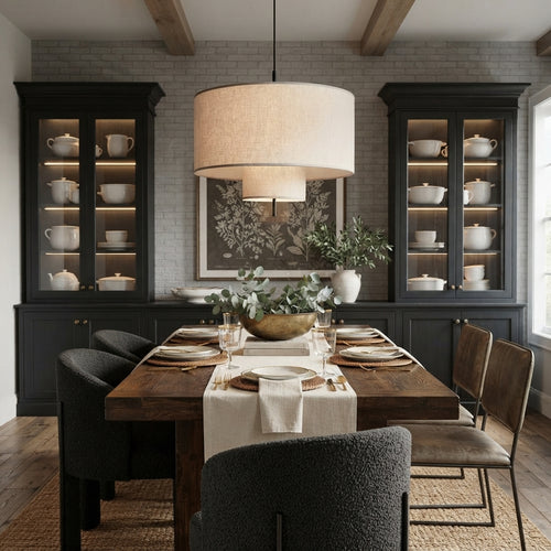 A styled dining room interior featuring a dark wood dining table set with white table linens and glassware, surrounded by dark upholstered chairs. The room has a large beige drum pendant light, dark cabinetry with lit glass display cabinets, and a gray brick wall background.