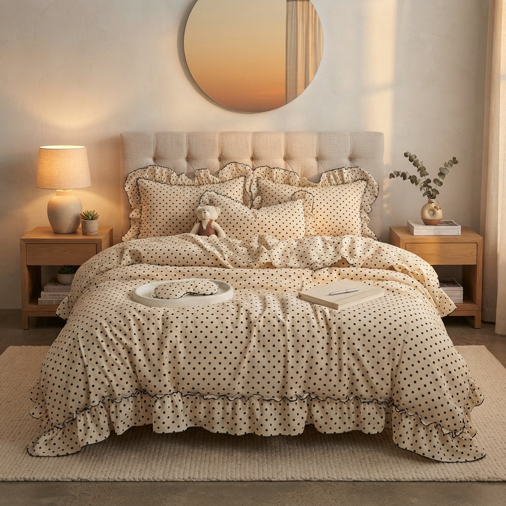 A cozy bedroom scene with a bed dressed in a beige and black polka-dot ruffled bedding set, including a comforter, matching pillow shams, and decorative pillows. The bed is styled with a tufted headboard, wooden nightstands, a lit table lamp, a round wall mirror, and a small vase with branches.
