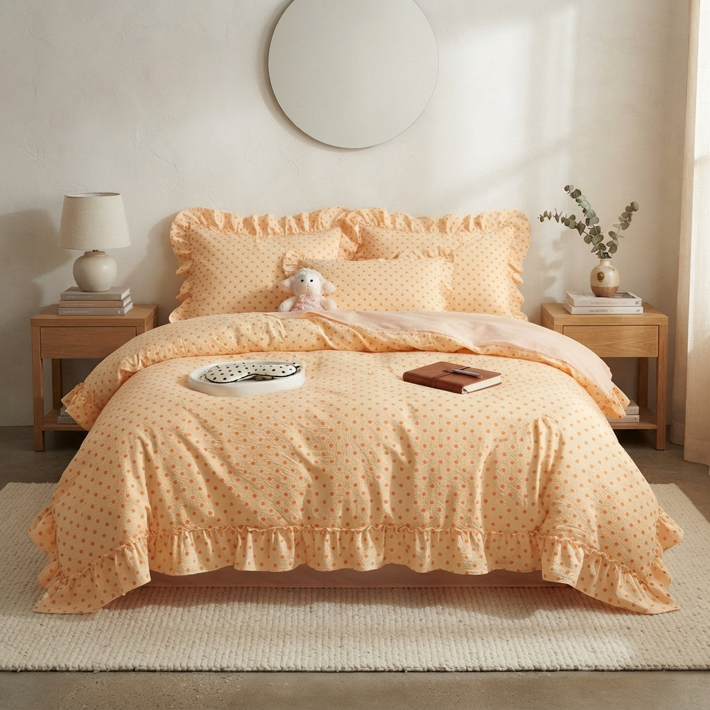 A peach and yellow polka-dot bedding set with ruffled edges, styled on a bed in a warm, neutral-toned bedroom with wooden nightstands, a lamp, and a round wall mirror.