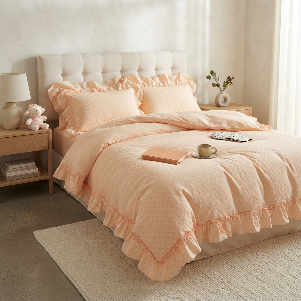 A soft peach and cream bedding set with ruffled edges, styled on a bed in a warm, neutral-toned bedroom. The set includes a duvet cover with a subtle polka dot pattern and matching pillowcases.