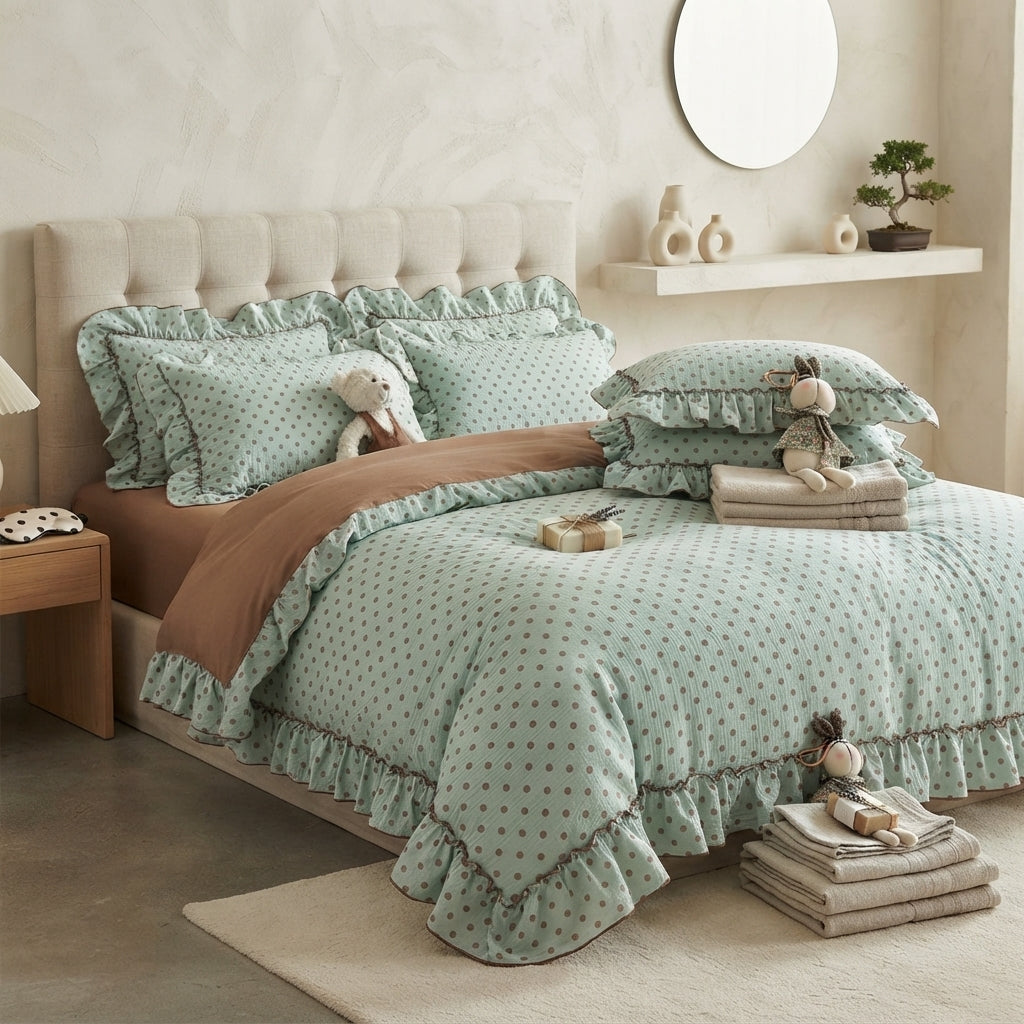 A styled bedding set on a bed in a softly lit bedroom. The set includes a light sage green duvet cover and pillow shams with a small polka dot pattern and ruffled edges, plus a contrasting brown throw blanket.