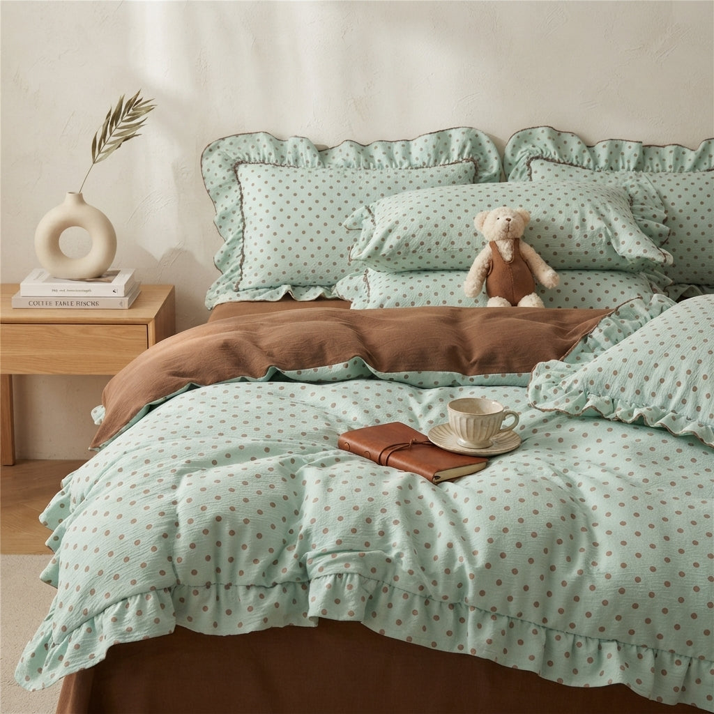 A styled bed dressed in a light mint green and white polka dot bedding set with ruffled edges, layered over a brown duvet cover. The bed is styled with matching pillows, a teddy bear, a small cup and saucer, and a notebook on a wooden side table with a vase.