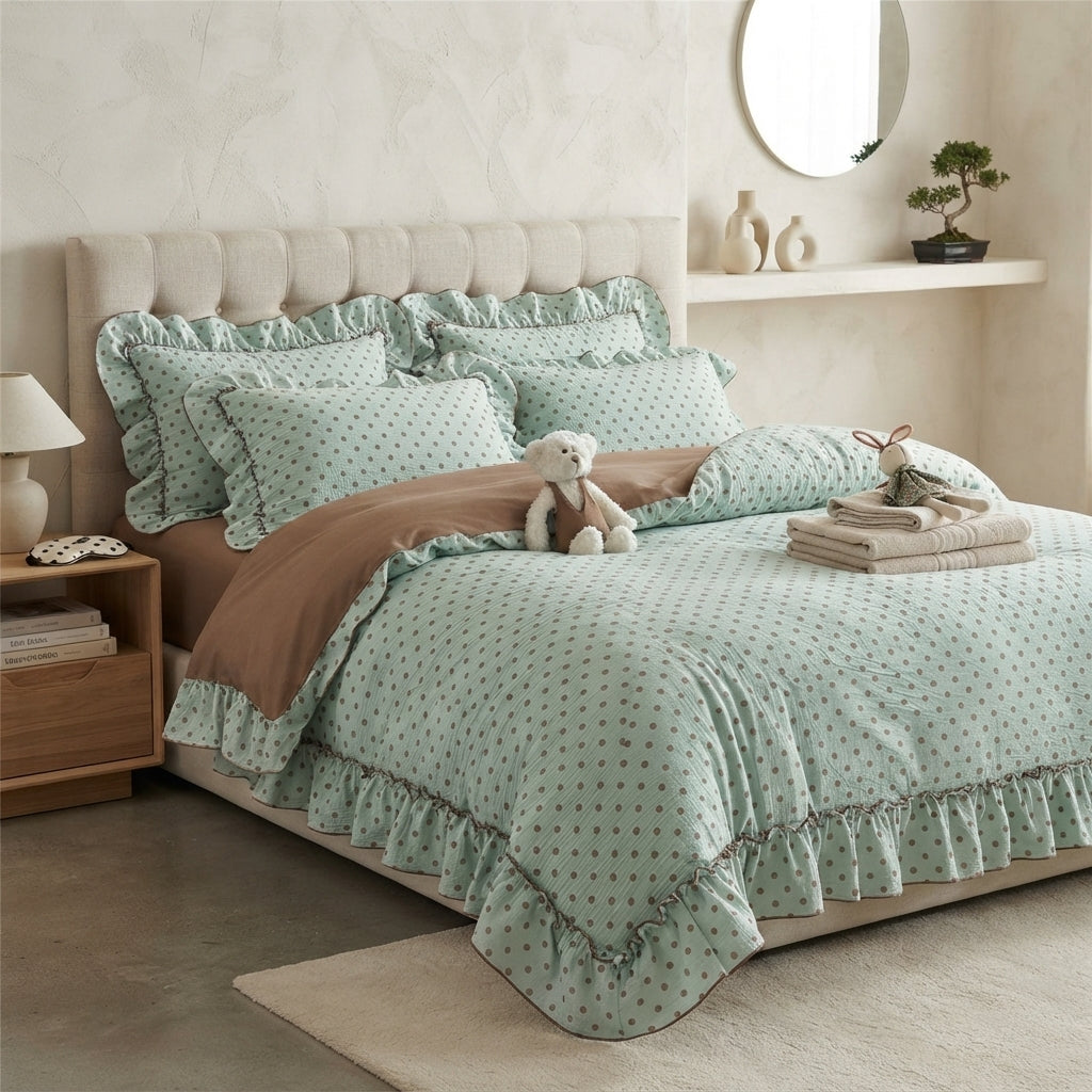 A styled bed in a softly lit bedroom featuring a mint green and white polka dot bedding set with ruffled edges, a brown duvet layer, matching pillows, a tufted beige headboard, a bedside lamp, and a small stuffed bunny on the bed.