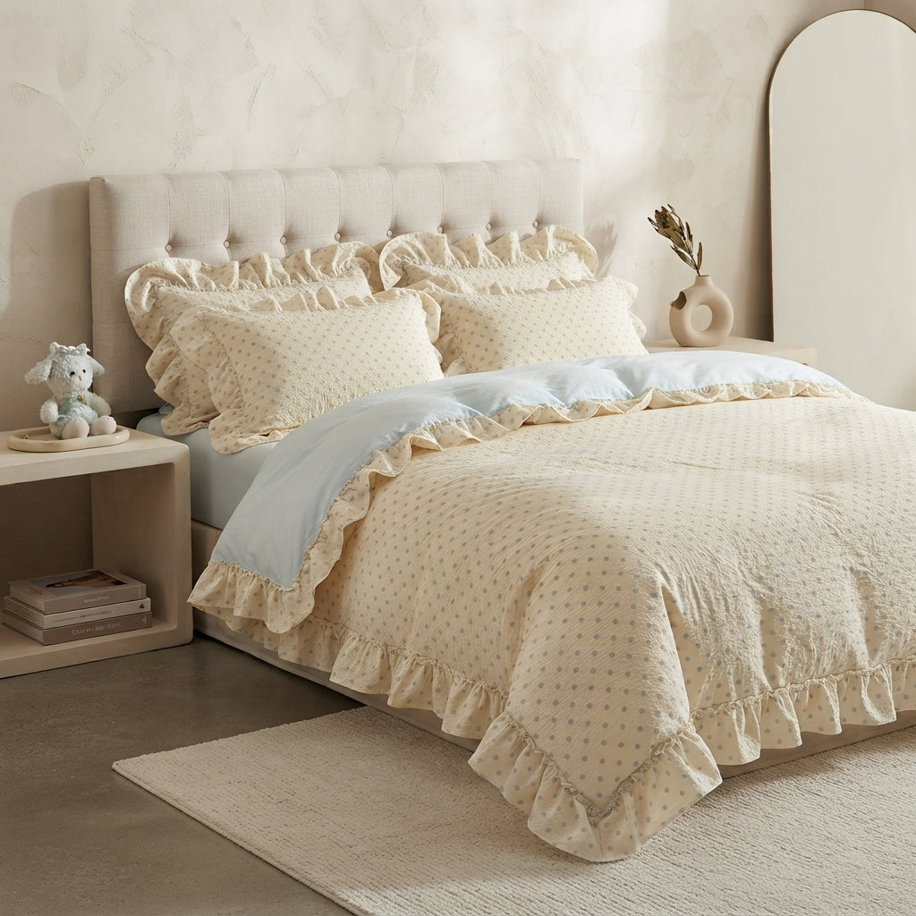 A styled bedroom scene showing a bed dressed in a cream and pale blue ruffled bedding set with a subtle dotted pattern. The bed has a tufted beige headboard, a light wood side table with a plush toy and books, and a neutral rug on a concrete floor.