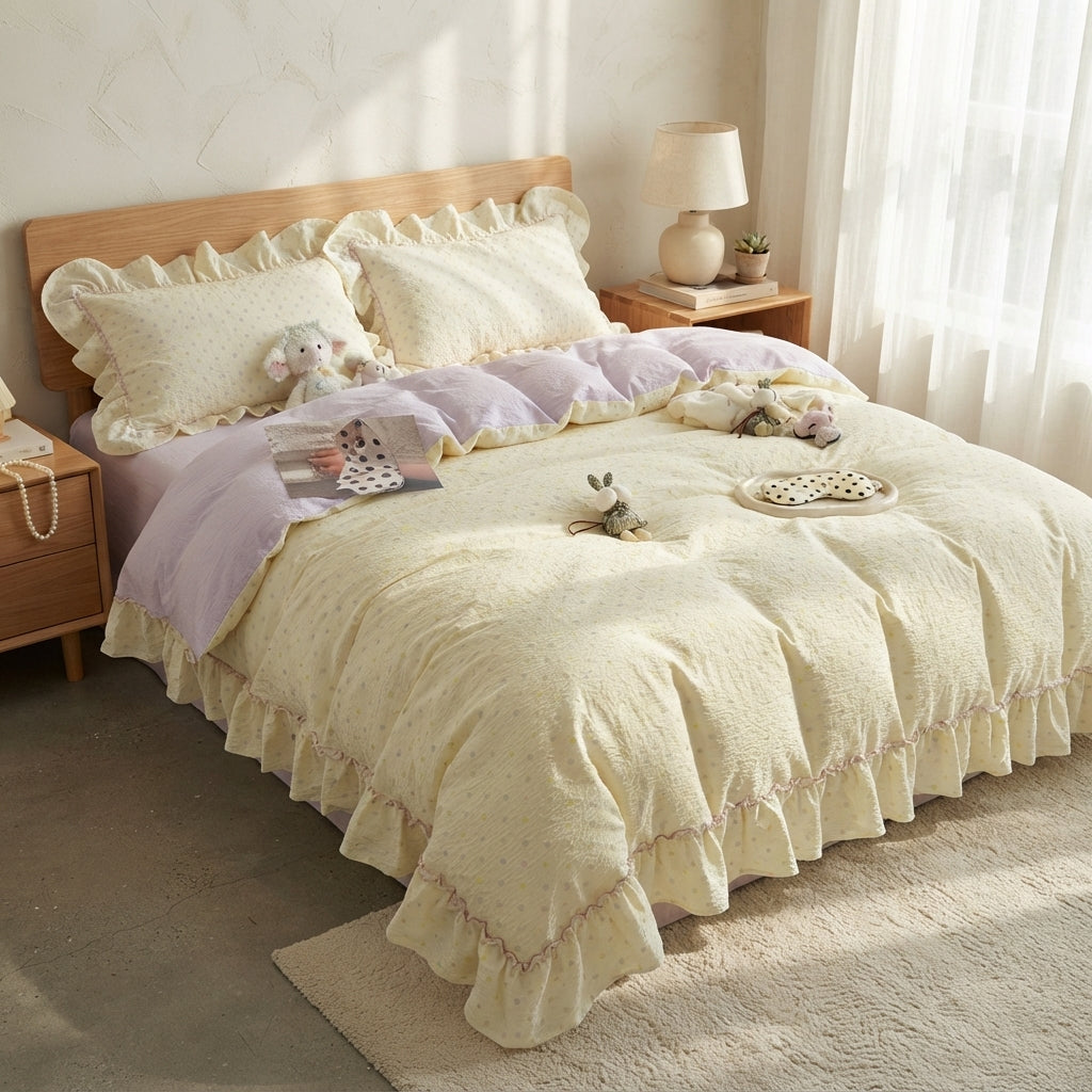 A cozy bed dressed in a soft cream and lavender bedding set with ruffled edges, styled in a warm, sunlit bedroom with wooden furniture, a lamp, and small stuffed toys.