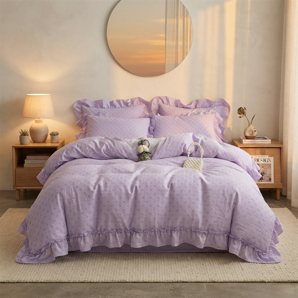 A lavender bedding set with ruffled edges and subtle polka dots, styled on a bed in a warm, softly lit bedroom with wooden nightstands, a lamp, and a round wall mirror.