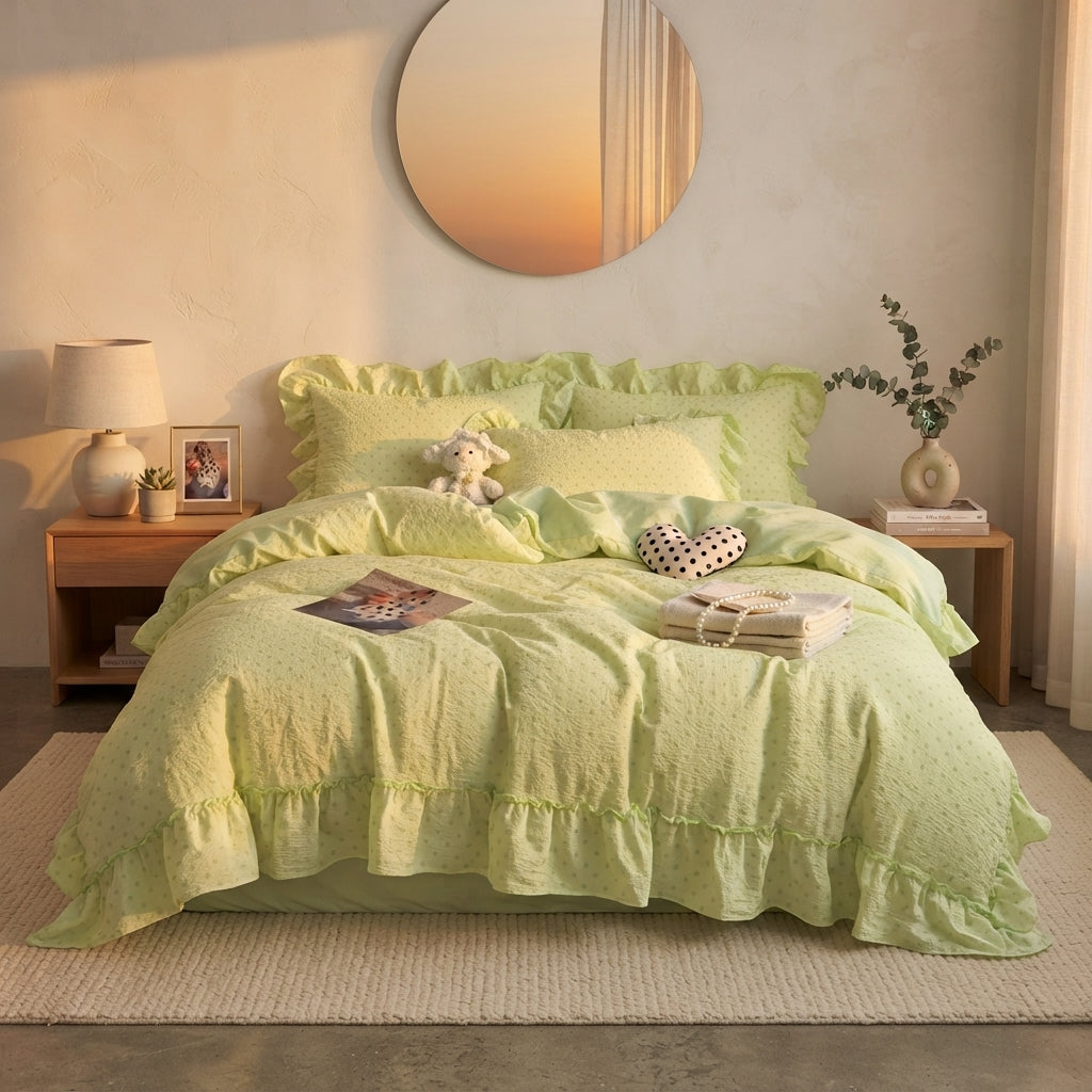 A light green ruffled bedding set styled on a bed in a warm, softly lit bedroom. The set includes a textured duvet cover and matching pillowcases with ruffle trim, styled with decorative pillows, a plush toy, and a small heart-shaped cushion.