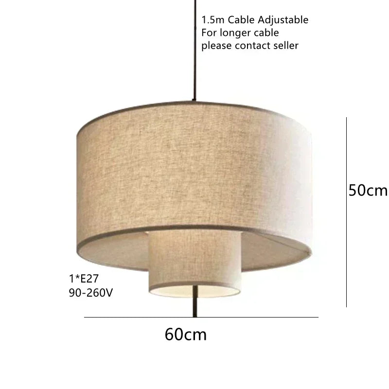 Beige pendant lamp with dimensions and specifications on a white background