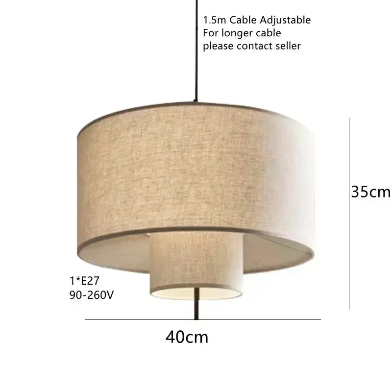 Beige pendant lamp with dimensions and specifications on a white background