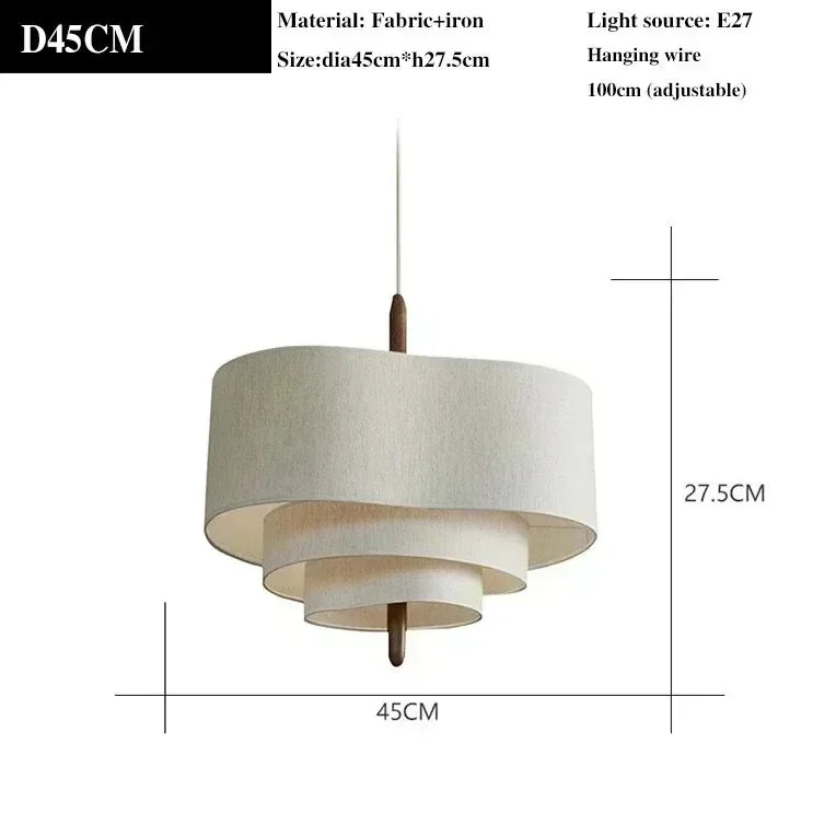 Pendant light with dimensions and material details on a white background