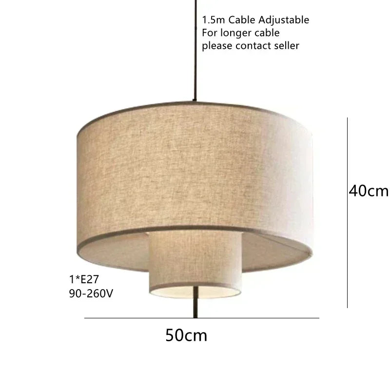 Beige pendant lamp with dimensions and specifications on a white background