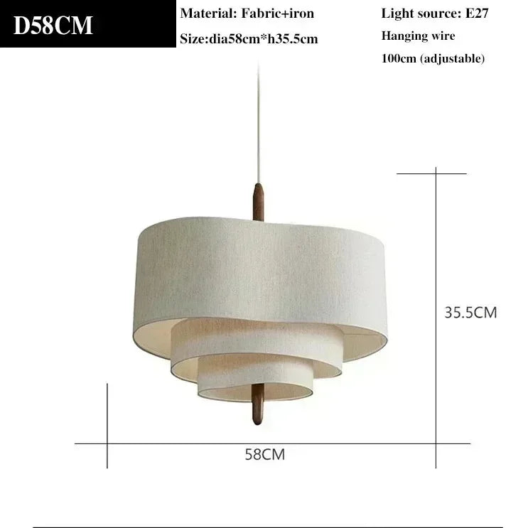 Pendant light with dimensions and material details on a white background