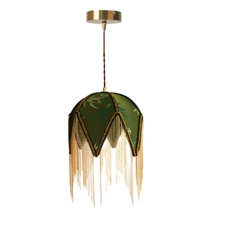 Decorative pendant light with green lampshade and gold fringe on a white background