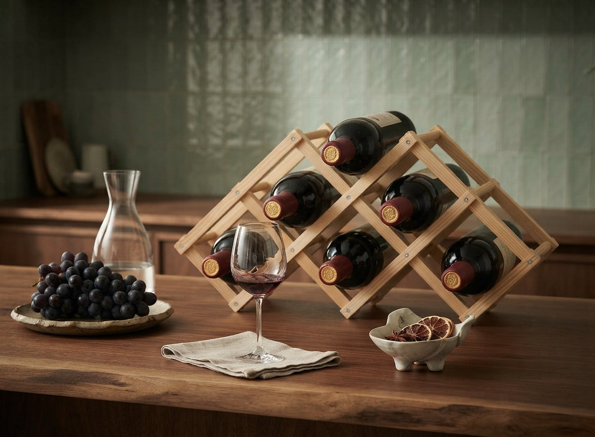 A wooden wine rack holding several dark wine bottles on a rustic wooden table, with a glass of red wine, a plate of grapes, a carafe, and a small dish in a softly lit kitchen setting.