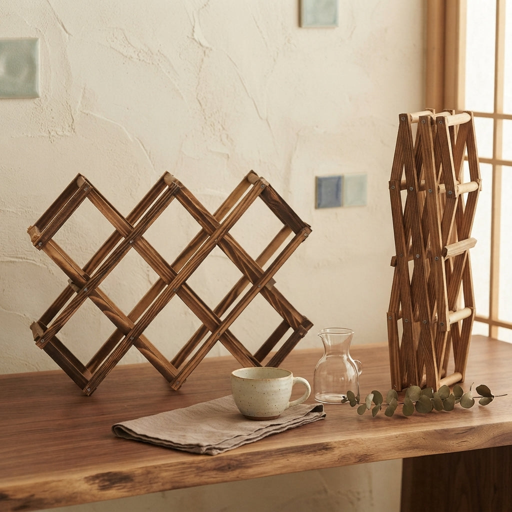 Two wooden collapsible wine racks displayed on a rustic wooden table in a warm, styled interior setting with a ceramic cup, glass carafe, and eucalyptus sprigs.