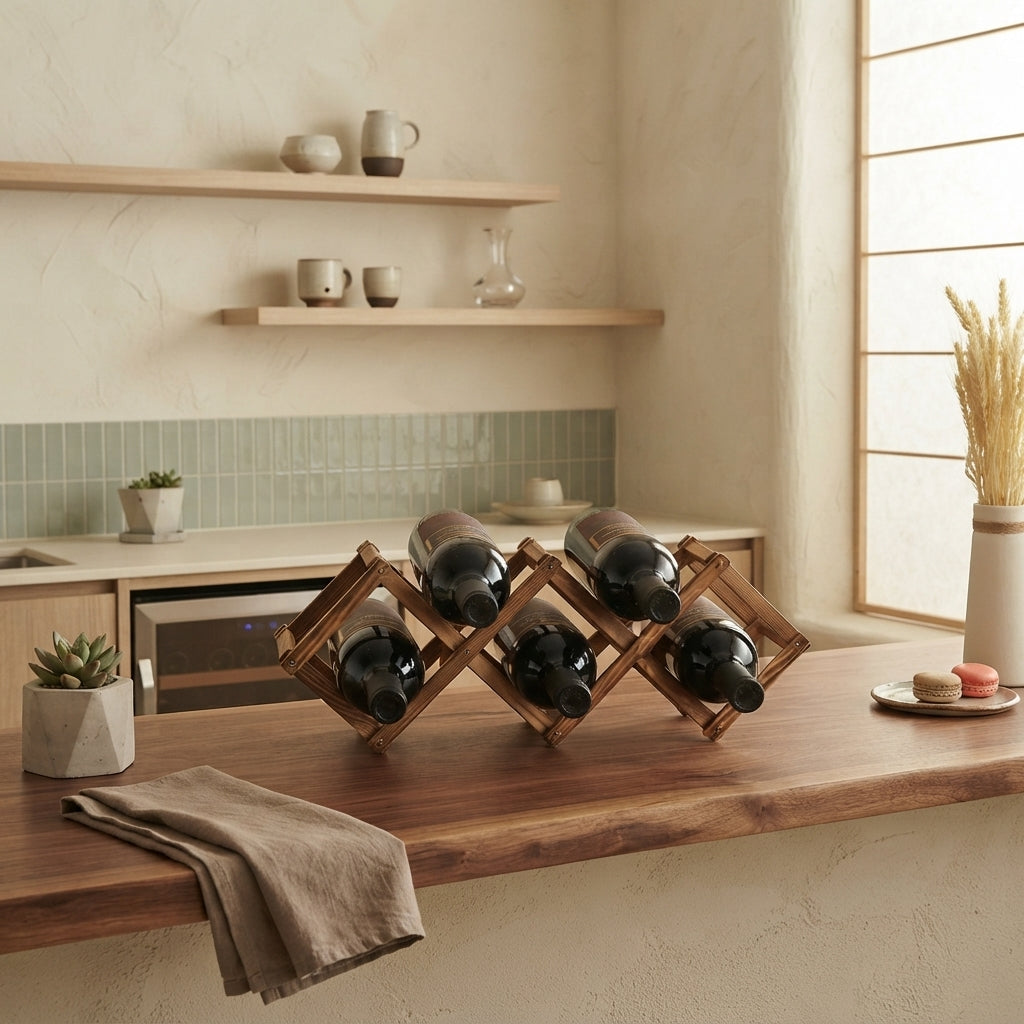 A wooden wine bottle rack holding several dark wine bottles, styled on a wooden countertop in a warm, modern kitchen setting with shelves, a tiled backsplash, and a window.