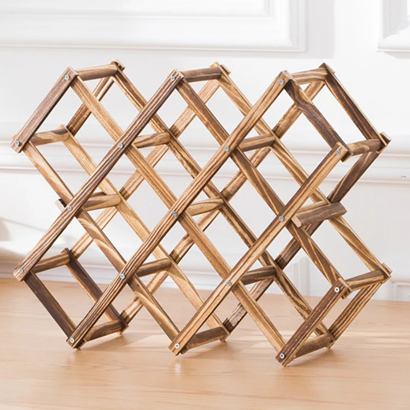 Wooden lattice shelf on a wooden floor with a white wall background
